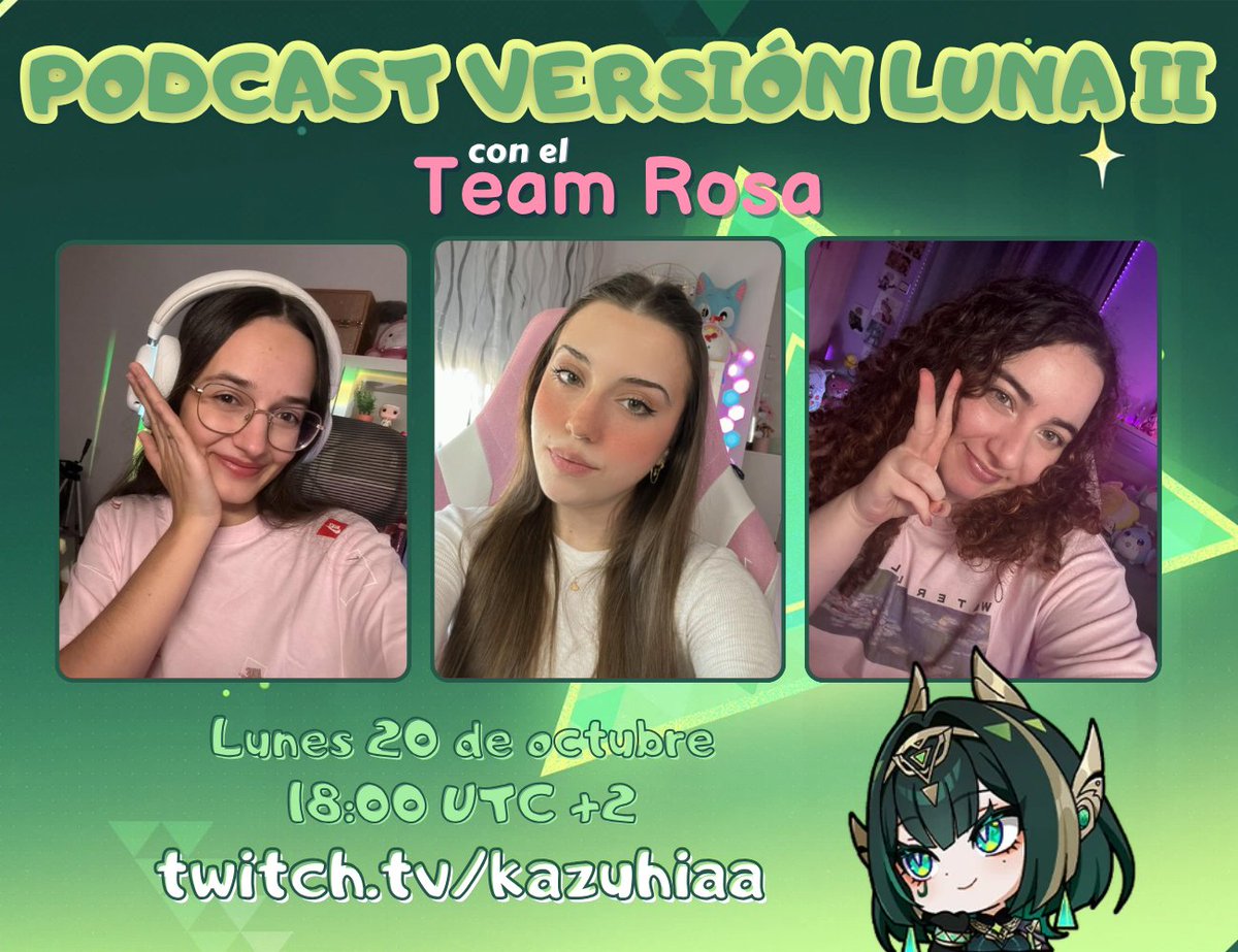 Llega el mejor día del mes 🗣 

PODCAST LUNA II CON EL 🎀TEAM ROSA🎀

<a href="/Helemlove_/">Helem 🌺</a> <a href="/wondergea/">Gea Miko 🎃</a> y yo os esperamos en mi canal este lunes para hablar de Néfer y todo lo que viene en la próxima versión!! Acordaos de que empezamos antes 👀

Vayan preparando sus galas más rositas 🌸🌺🌷