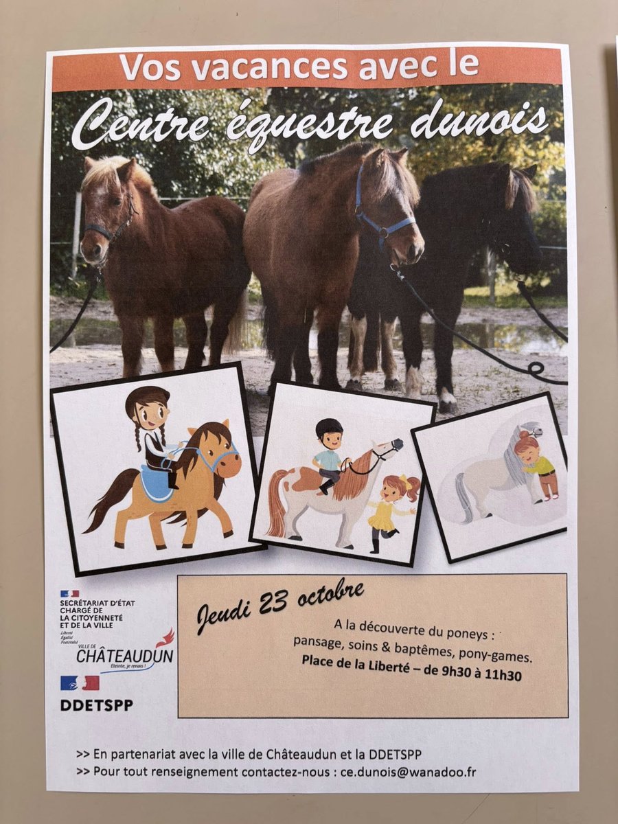 Vos vacances avec le Centre Équestre Dunois ! 🐎

Venez à la découverte des poneys lors d’une animation gratuite et conviviale : pansage, soins et balade au programme.

📅 Jeudi 23 octobre 2025
🕤 De 9h30 à 11h30
📍 Place de la Liberté – Châteaudun

Une belle occasion pour les