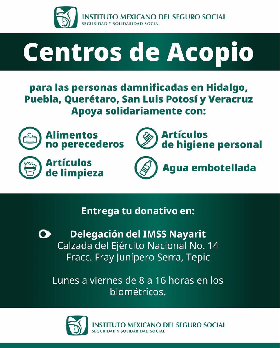 🤝Centro de Acopio <a href="/IMSS_NAYARIT/">IMSS Nayarit</a> | Unamos fuerzas por las personas damnificadas en Hidalgo, Puebla, Querétaro, San Luis Potosí y Veracruz.

Apoya con alimentos no perecederos, artículos de higiene, limpieza o agua embotellada.