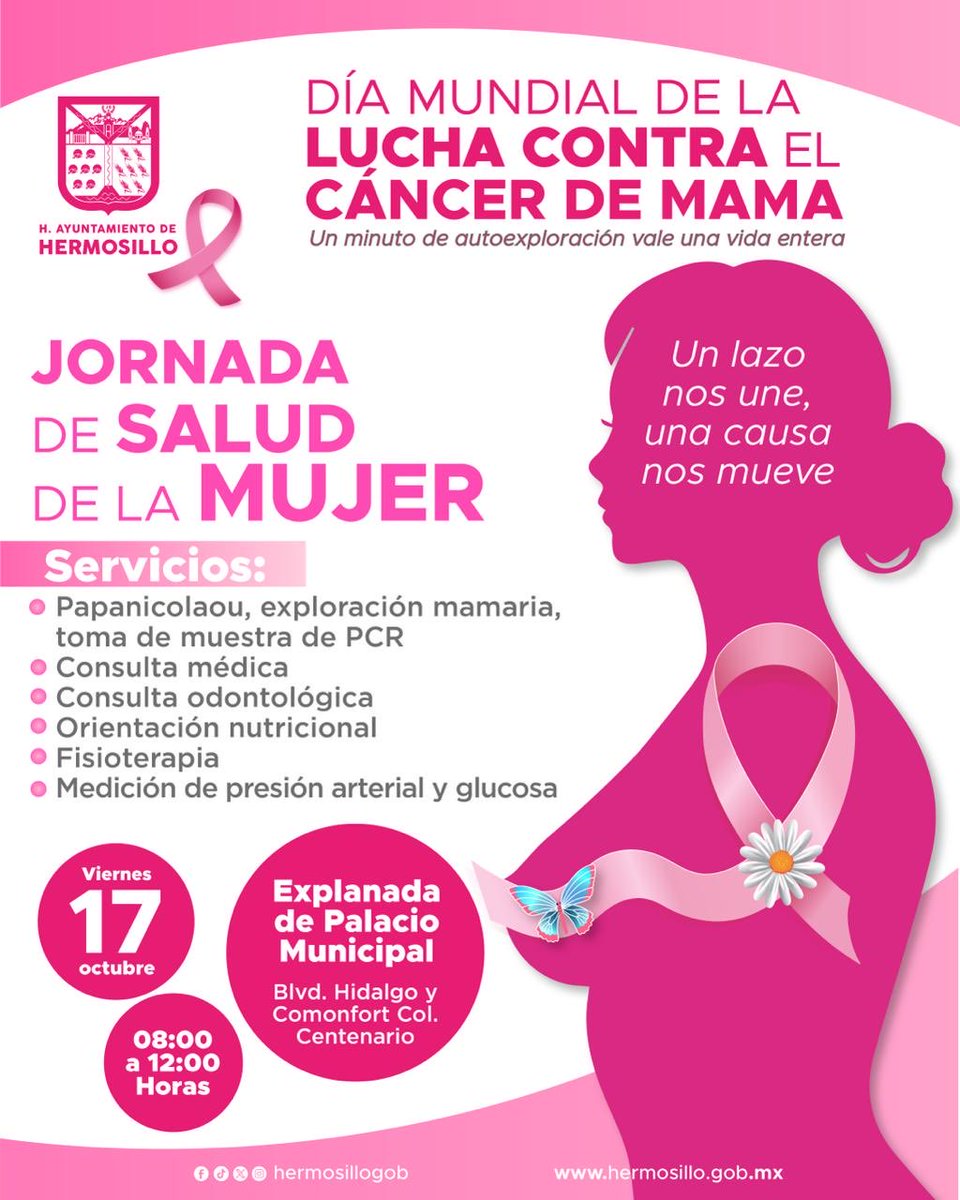 Octubre es el mes rosa. 👚 Nos unimos a la campaña de concienciación del cáncer de mama con una Jornada de Salud de la Mujer en Palacio Municipal, sumándose a las que hemos estado llevando a cabo en colonias de Hermosillo.

Estarán la clínica móvil y equipo de Salud Municipal