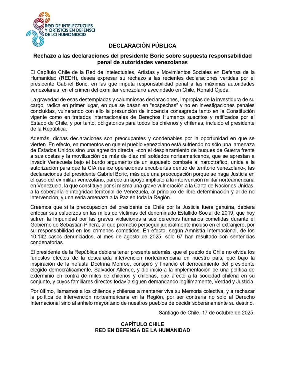 Redh_Chile's tweet photo. El Capítulo Chile @Redh_Chile de la Red de Intelectuales, Artistas y Movimientos Sociales en Defensa de la Humanidad @HumanidadEnRed responde a dichos del presidente Boric sobre supuesta responsabilidad penal de autoridades venezolanas en secuestro y asesinato de Ronald Ojeda https://t.co/GFcLOEmpPd