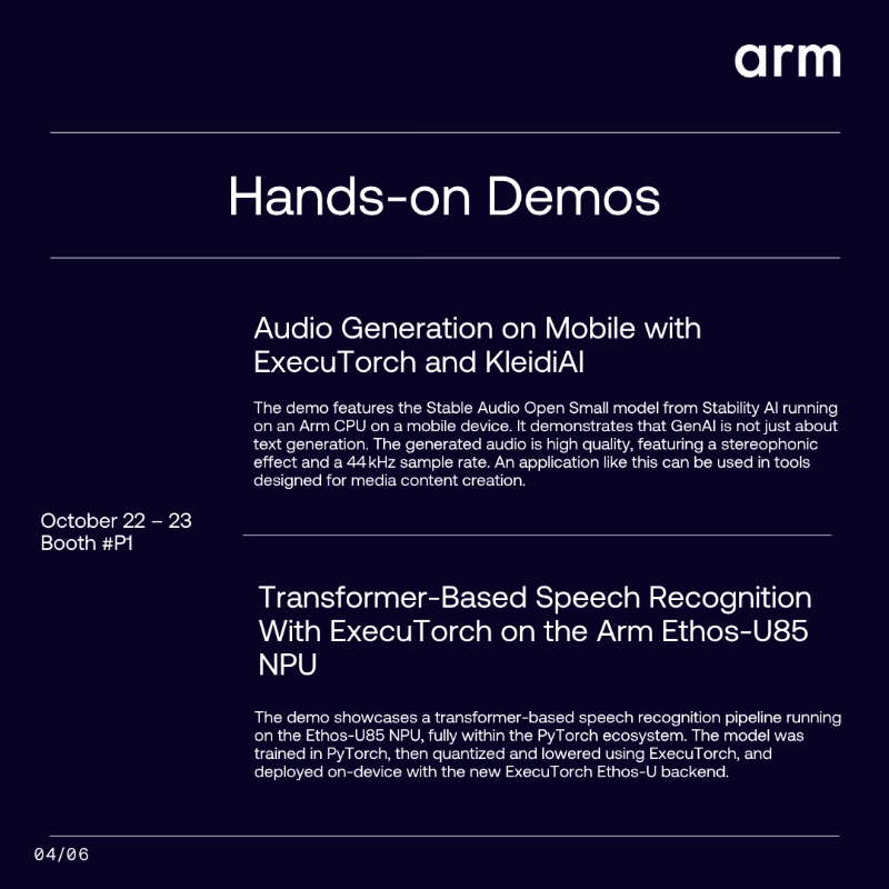 ArmSoftwareDev's tweet photo. The countdown is on for @PyTorch Conference! ⏳

Drop by Booth #P1 to see how we're helping developers build and deploy efficient, scalable GenAI applications. #PyTorchCon 

https://t.co/OObEsY0PyH