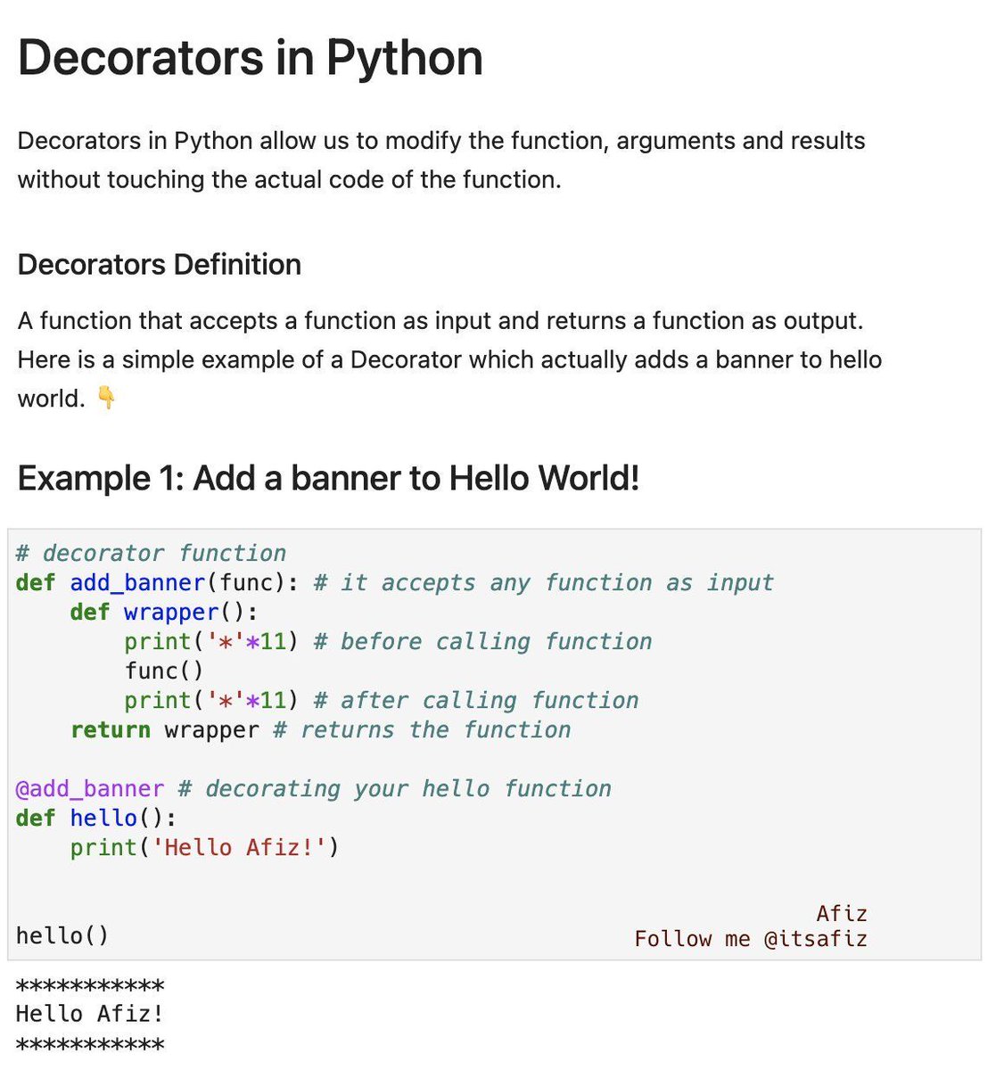 itsafiz's tweet image. Decorators in Python (with code snippets)
Decorators in Python allow us to modify the functions, arguments and results without touching the actual code of the function
In this thread, you'll learn about decorators with examples.🧵👇