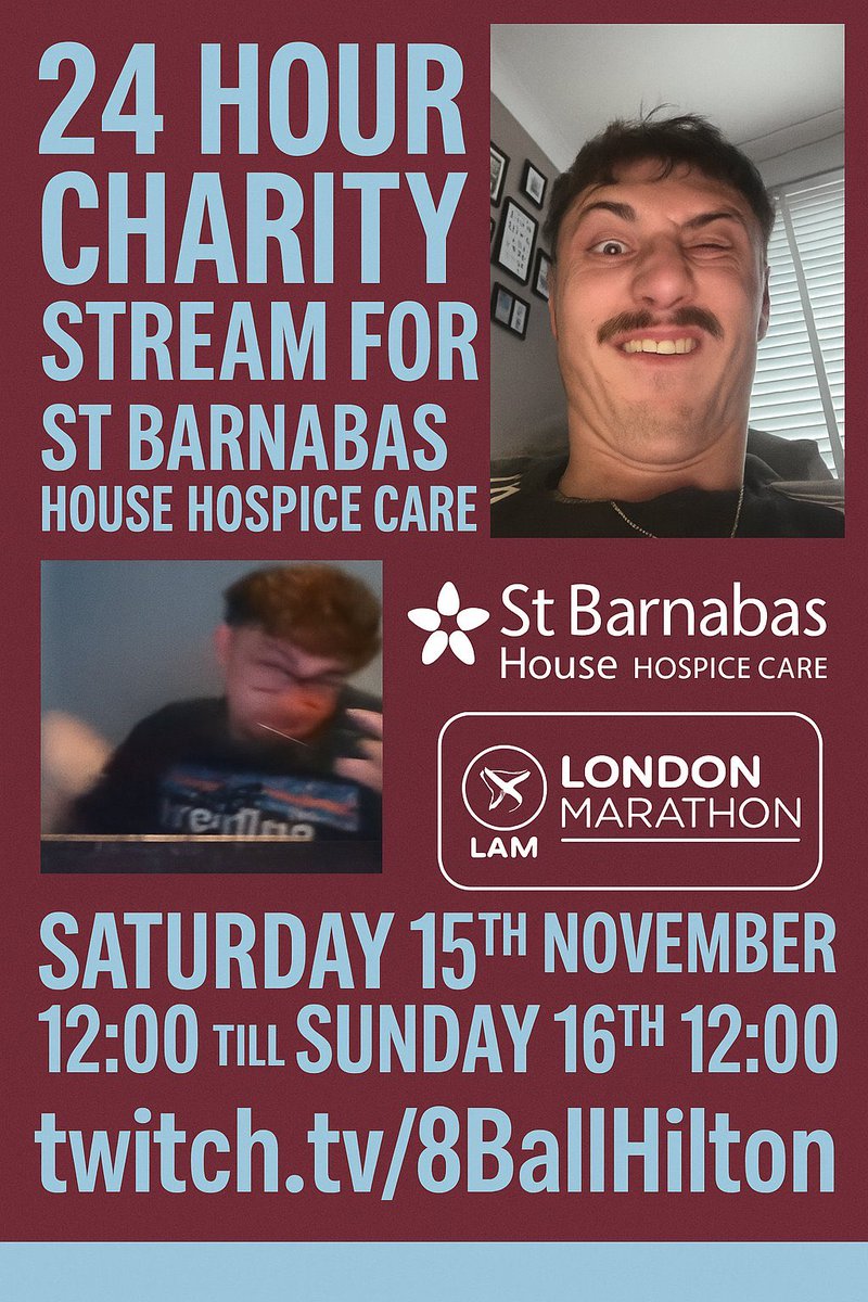 ehiltonWHUFC's tweet photo. So I am running the London marathon next April for St Barnabas hospice to try and raise some funds for it me and @Witty1871 will be doing a 24 hour charity live stream when black ops 7 drops. Tune in for pure laughs and head loss. 

I’ll reply to this tweet with the link https://t.co/bCprEXlDof