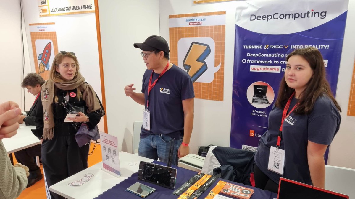 DeepComputingio's tweet image. Day 1 at #MakerFaireRome 🇮🇹✨
Excited to showcase RISC-V + AI innovations to all the amazing makers here in Italy!
Come visit DeepComputing Booth B15 and experience the future of open computing — powered by RISC-V. 💻🚀
@FrameworkPuter @MakerFaireRome @Canonical…