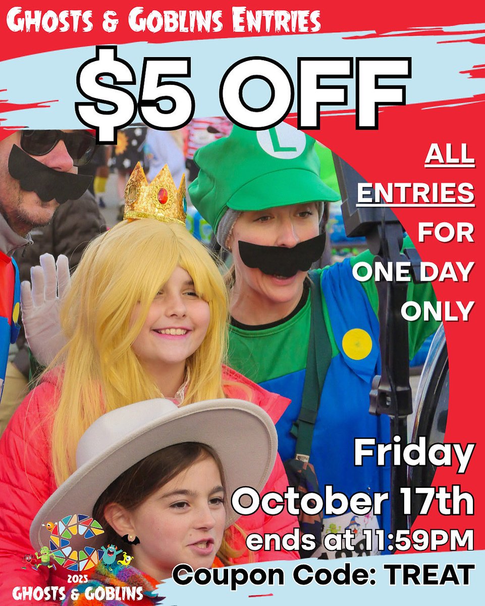 TODAY ONLY! 

🎃 Special Treat from Carmel Education Foundation! 🎃
 
All Ghosts &amp; Goblins 1M/5K entries registered Friday, October 17 get $5 OFF! 👻💸
 
👉 Register at GhostsAndGoblinsRun.com
 
💻 Use code TREAT at checkout
⏰ Offer valid 12:00 a.m.–11:59 p.m. EST Friday only!