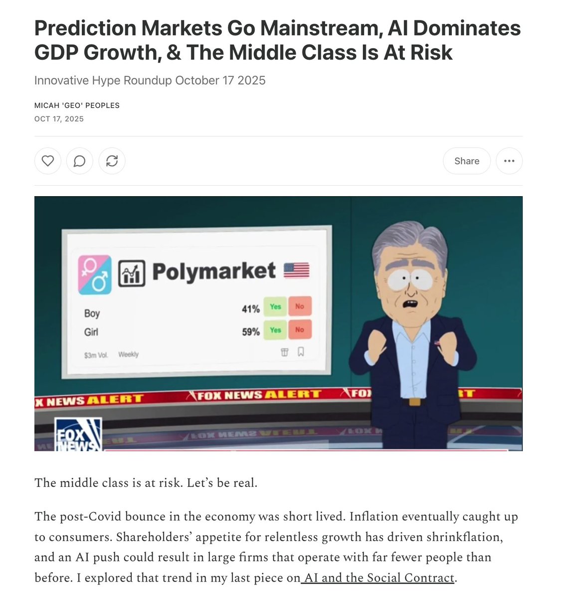 New newsletter fresh off the presses

Prediction Markets Go Mainstream, AI Dominates GDP Growth, &amp; The Middle Class Is At Risk

Innovative Hype Roundup October 17 2025