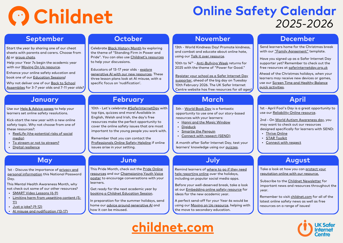 Planning your online safety education for this year? Our online safety calendar for 2025 - 2026 is available.   With all of the dates you need for your diary in the coming year, make sure you download your copy today!  childnet.com/resources/onli…