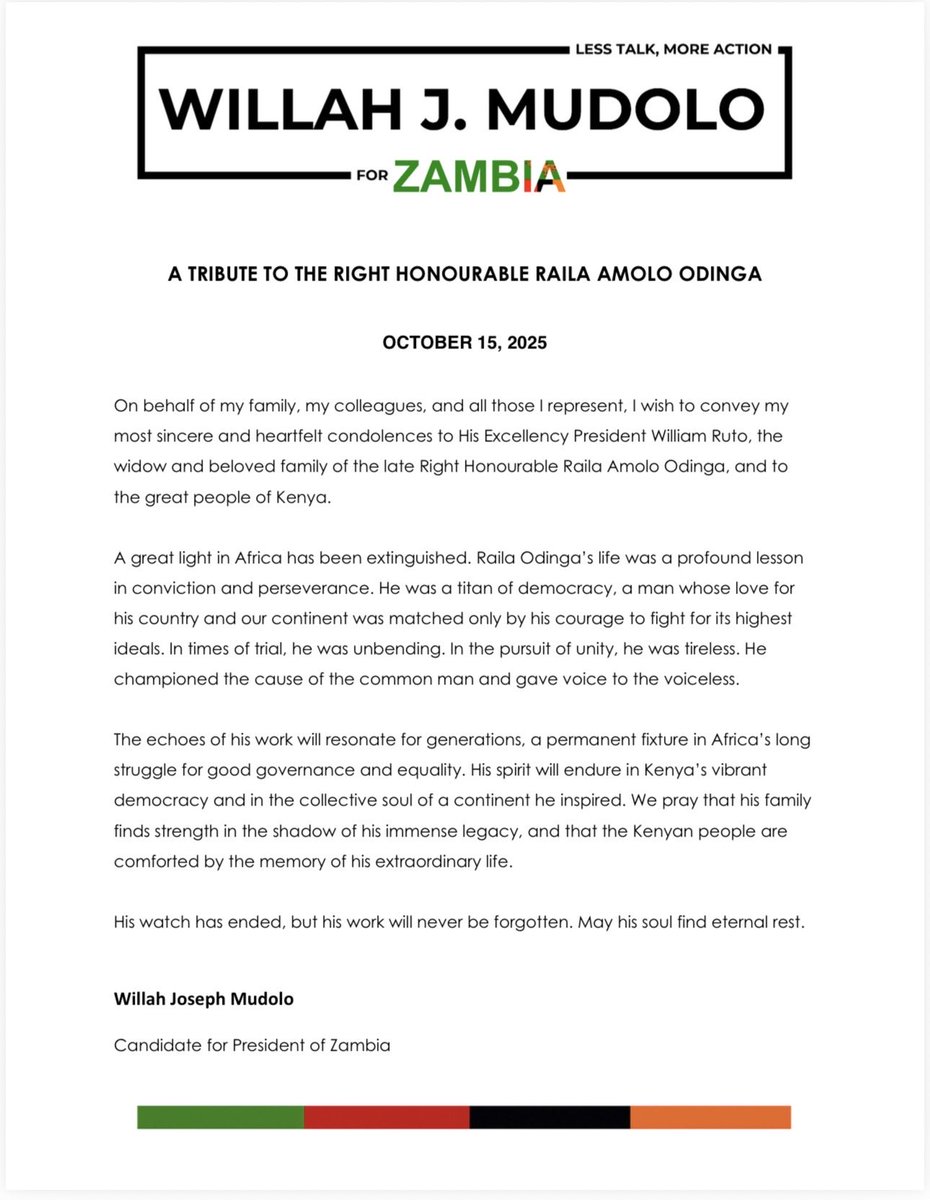 TheODMparty's tweet image. Tribute by Willam Mudolo, a presidential candidate in Zambia
