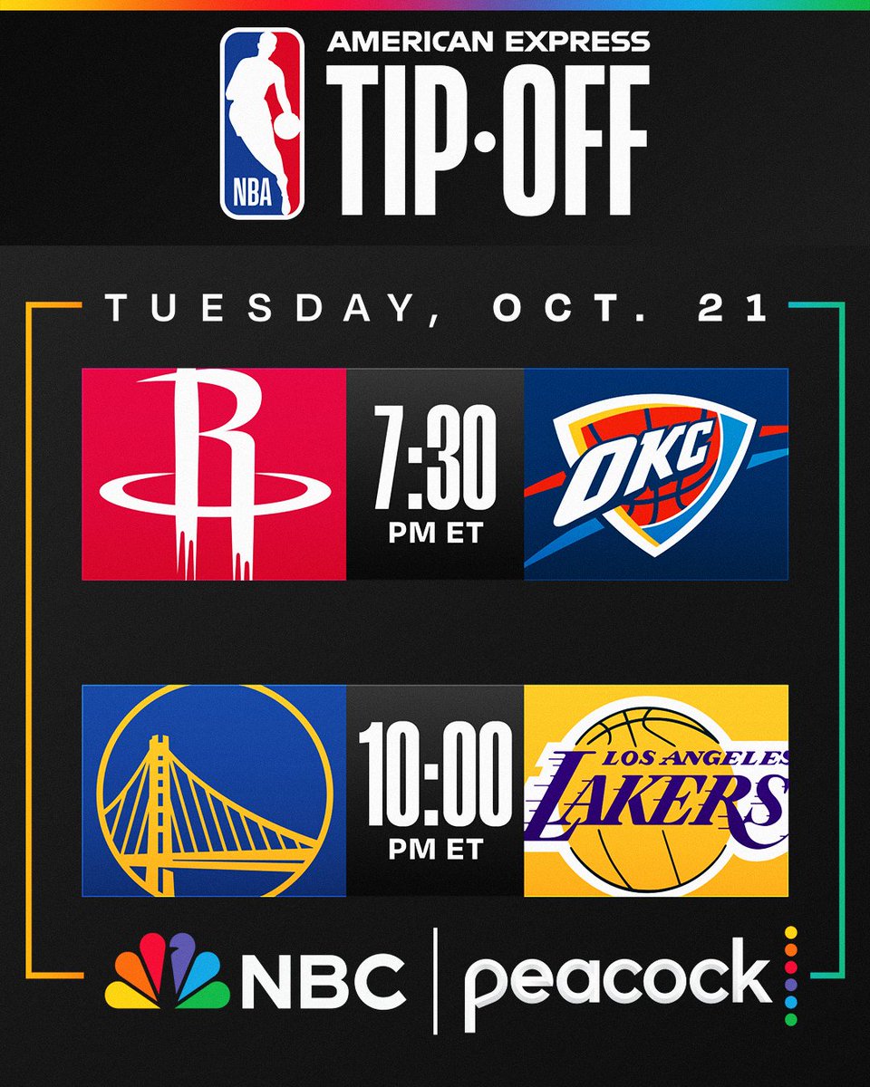 2025-26 OPENING NIGHT on NBC and Peacock!

🍿 Shai and the champs get their rings
🍿 KD debuts for Houston
🍿 Steph vs. Luka in a California showdown

Watch @AmericanExpress NBA Tip-Off starting October 21 on NBC and Peacock, ESPN and Prime! 