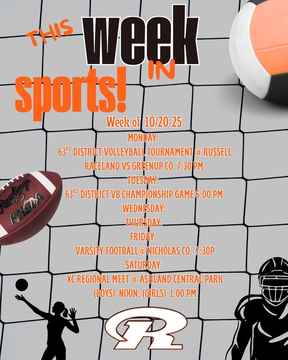 tomcollinsRWHS's tweet photo. ππ€ TWIS 10/20β25 π€π
Mon: π 63rd Dist. VB @ Russell
Raceland vs Greenup β 7:30p
Tues: π Champ Game β 6p
Fri: π Varsity FB @ Nicholas Co β 7:30p
Sat: πββοΈ XC Regionals @ Ashland CP
Boysβ12p | Girlsβ1p
π§‘ Go Rams! π€ #RamBash π€π€ https://t.co/Ea4SpJd941