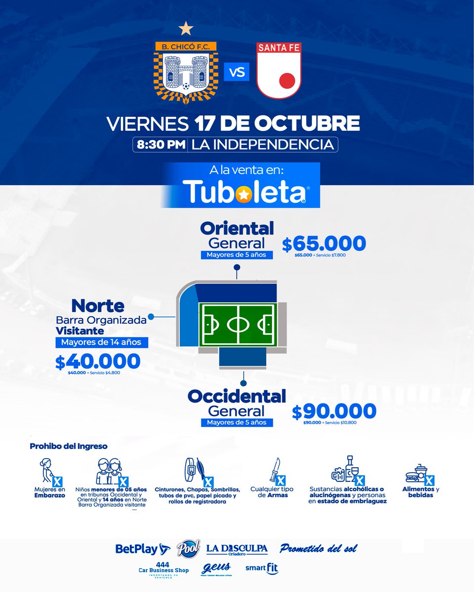 BOYACÁ CHICÓ F.C. (@bchicofcoficial) on Twitter photo ⚠️ Estás son las ubicaciones, los precios y las recomendaciones en el estadio La Independencia 🏟️ para el encuentro frente a <a href="/SantaFe/">Independiente Santa Fe</a> 🔴⚪️
🎟️ Compra tu entrada en TuBoleta.com ⚽️ ⚠️ Estás son las ubicaciones, los precios y las recomendaciones en el estadio La Independencia 🏟️ para el encuentro frente a <a href="/SantaFe/">Independiente Santa Fe</a> 🔴⚪️
🎟️ Compra tu entrada en TuBoleta.com ⚽️