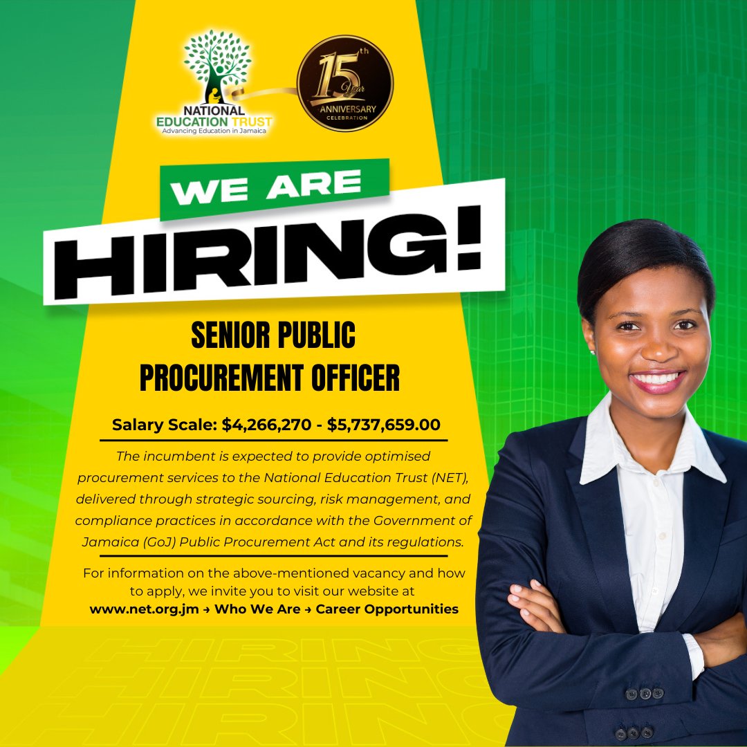 📢 Join Our Team! The National Education Trust (NET) is hiring a Senior Public Procurement Officer.

🗓️ Apply by Oct 24, 2025 — send applications to jobs@net.org.jm.

🔗 Details: net.org.jm/careers/

#NETJamaica #Education #MoESYI #TheNETEffect #TRENDingForABrighterTomorrow
