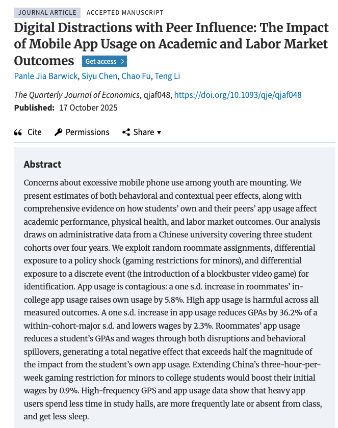 Another Haidt win — mobile phone app use is contagious and lowers GPAs and wages. 

Evidence from roommate randomization and China gaming ban, in the QJE.