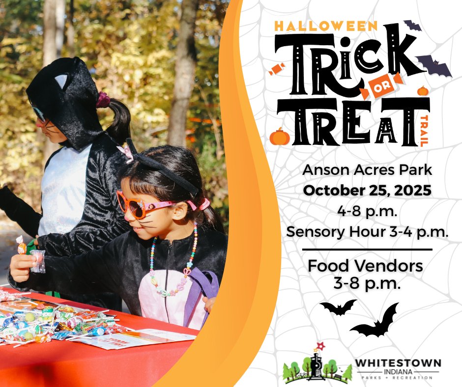 The Trick-or-Treat Trail is on Saturday, October 25, at Anson Acres Park. A fun and safe Halloween event for all ages!

The event includes:
🎃 Trick-or-treating
🎃 Hayrides
🎃 S’mores
🎃 Pumpkin painting
🎃 Costumes
🎃 Loads of fun!

Learn more ➡️ whitestown.in.gov/trick-or-treat