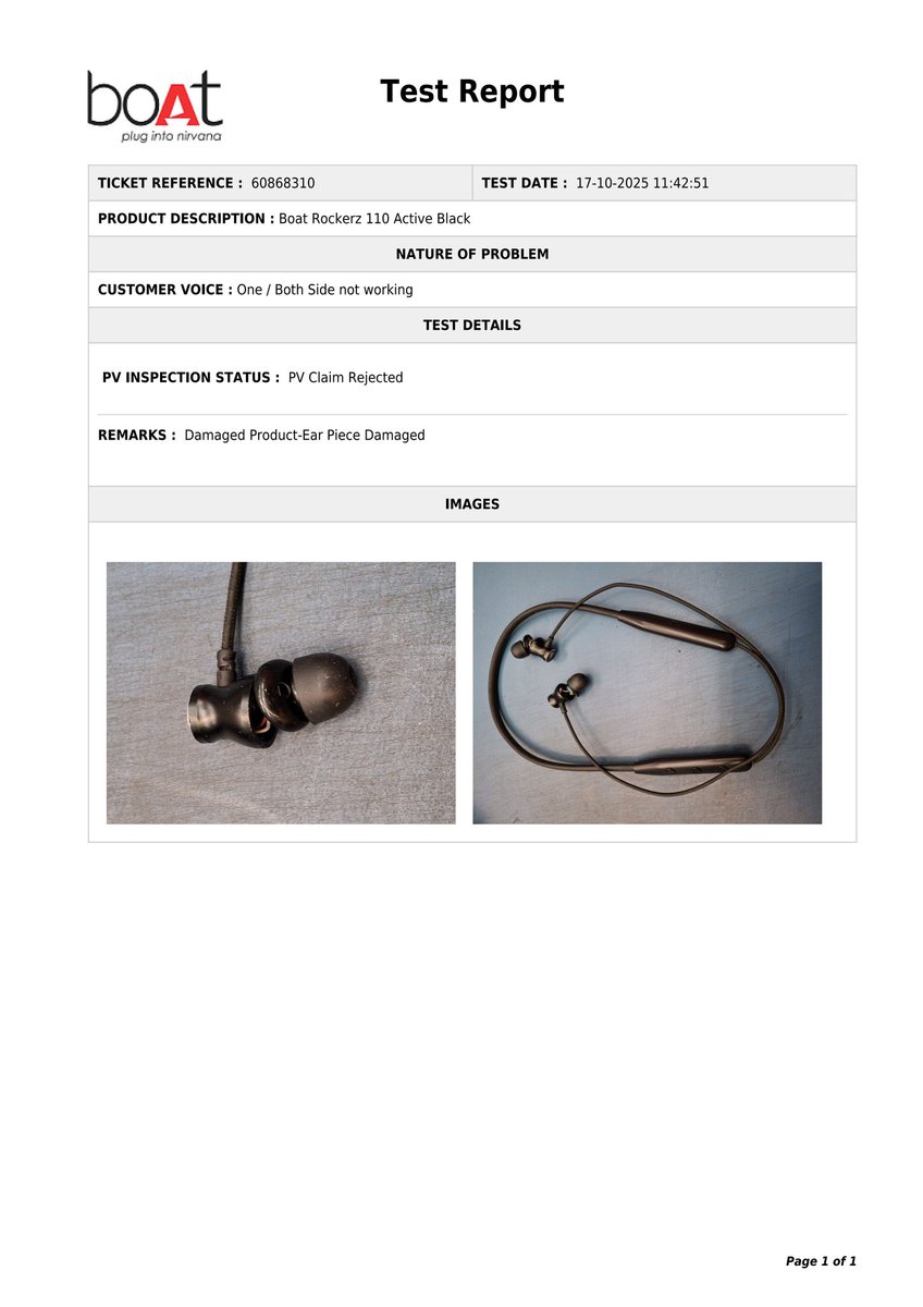 ParamPandya11's tweet photo. @RockWithboAt @boAtSupport1 My Rockerz 110 warranty (Ticket 60868310, 17-10-2025) was rejected as “Damaged.” In reality, it’s an interference fit that loosened in transit — not user fault. Calling this damage is unethical. Hope boAt stands by its customers. #boAt #Warranty https://t.co/kgPL2tVUA1