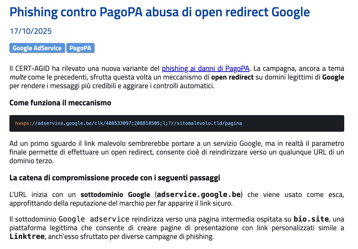 sonoclaudio's tweet image. ⚠️ Via @AgidCert 
In questo caso i criminali hanno realizzato una pagina che riproduce il logo di #PagoPA e fa riferimento a presunte infrazioni stradali non pagate, invitando l’utente a cliccare su un pulsante con la dicitura “Accedi al servizio di regolamento”.
🔗