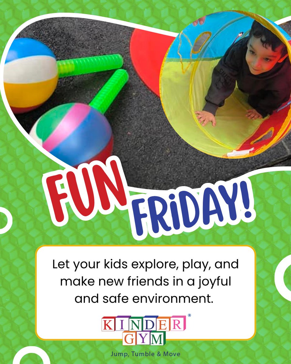 It's Fri-day, Fun-day! Encourage your little one to try something new today — explore a new skill, a new game, or a new way to move!
#kindergym #kindermotion #FunFriday #KidsInMotion #ActiveExplorers #LearnThroughPlay #MovementMatters #ConfidenceThroughMovement
