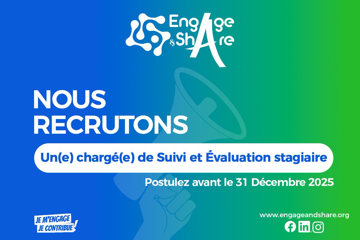 Recruitment of a Monitoring and Evaluation Officer intern.

Engage &amp; Share is seeking a Monitoring and Evaluation Officer intern to join the team.

Application deadline: December 31, 2025

Apply now at: engageandshare.org/engage-share-r…](engageandshare.org/engage-share-r…

#EngageAndShare