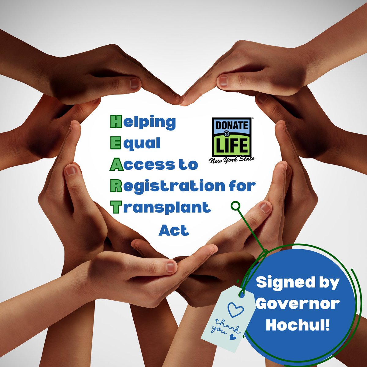 We are thrilled to announce <a href="/GovKathyHochul/">Governor Kathy Hochul</a> signed into law the HEART Act allowing patients to register at multiple NYS transplant centers simultaneously &amp; improve access to lifesaving organs for all NY’ers! Our profound thanks to @CrystalPeoplesStokes &amp; @legislatorbaskin!