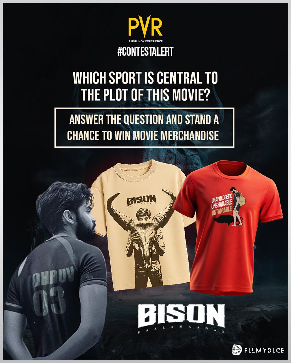 _PVRCinemas's tweet image. Get ready for a story of pain, resilience, and triumph! 💪
Answer a quick question and stand a chance to win exclusive movie merchandise! 🔥
Steps:
1. Share your answer in the comments
2. Tag PVR CINEMAS and your friends
3. Tag #BisonAtPVR contest & follow us
#BisonKaalamaadan…