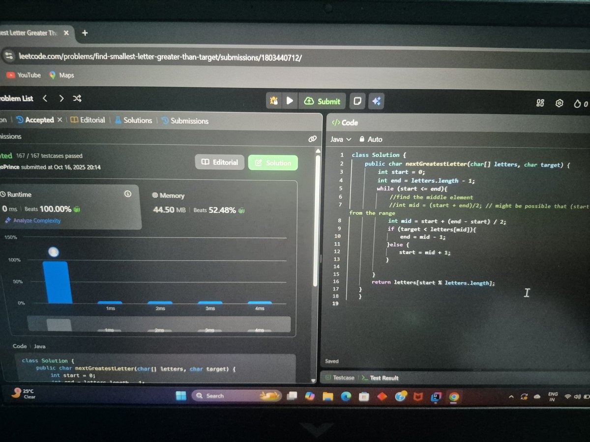 PrinceS55176881's tweet image. Day 17 ✅ #100DaysOfCode
📌 Solved 2 problems.
✨ Key takeaways:
- Today i solve 2 leetcode question First is first and last position of element in sorted array
- Next one is smallest letter greater than target element
#Java #dsa