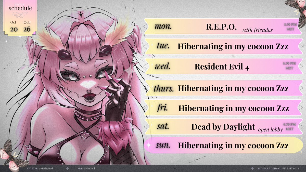 MarleyMoth's tweet photo. Woah a schedule?! New model debut happens this Monday! The void opens again, come witness my rebirth. A little hungrier. A little prettier. A lot more unhinged ཐིཋྀ ₊⊹ #StreamingSchedule #Vtuber #VtuberDebut #MothVtuber #ENVtuber #SupportSmallStreamers #wingsofthevoid https://t.co/PQFWx3q9m8
