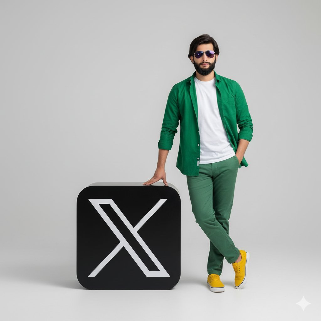 FootBedia7's tweet photo. A young man is standing indoors against a clean, light gray background. He's leaning casually on a large, 3D black X logo sculpture that rests on the floor. He has a relaxed pose, with one leg crossed over the other and one hand tucked into his pocket.... #Gemini #ai #X #Prompts https://t.co/NidvQ7qTEi
