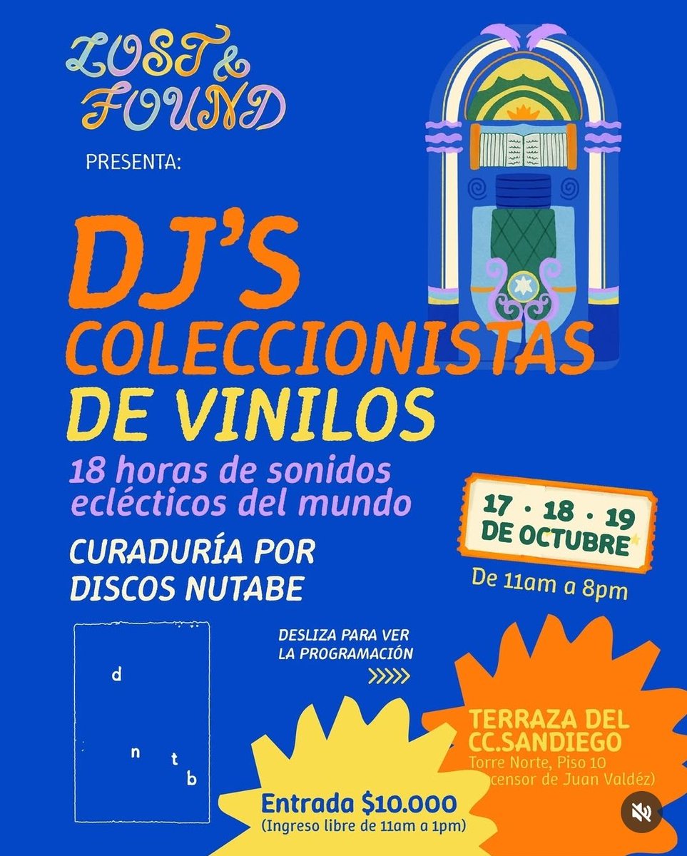 Curando un evento de ciudad, Discos Nutabe les invita a "Lost &amp; Found" en la terraza del Centro Comercial San Diego, desde este viernes 17 de Octubre.

La selección de hoy va por:

◇ El día de mi suerte 14:00 - 16:00
◇ Rubia de Oro 16:00 - 18:00
◇ Liberman 18:00 - 20:00