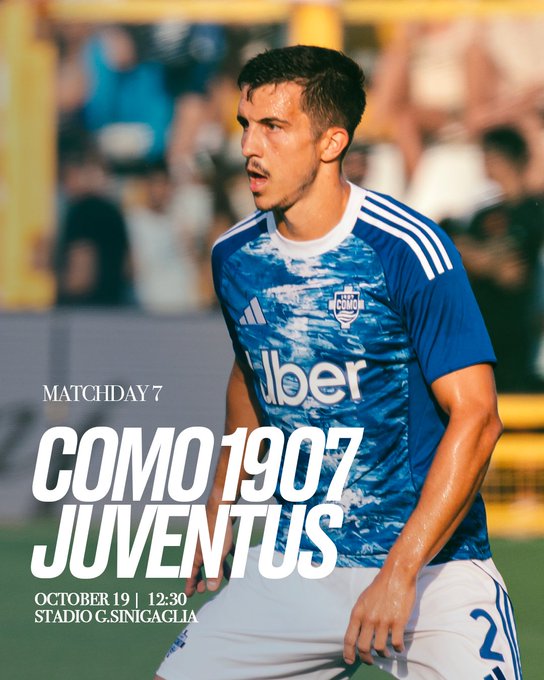 A male footballer with short dark hair and a mustache stands on a green soccer field wearing a blue patterned Adidas jersey with white accents, Como 1907 and Uber logos, blue shorts, and white socks. He faces forward with mouth open as if shouting, arms at sides. A blurred yellow stadium stand with spectators is behind him. Overlaid white text reads MATCHDAY 7, COMO 1907, JUVENTUS, OCTOBER 19, STADIO G SINIGAGLIA.