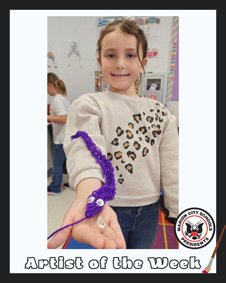 🧑‍🎨 🖼️ The Marion City Schools gallery is ready to showcase our Artists of the Week! 

Oliver - Kindergarten, BHE 
Rosie - fourth grade, Hayes (Handmade Bag)
Gracie

#WeRPrexies #LoveYourSchool ❤️ 🖤 #momentum