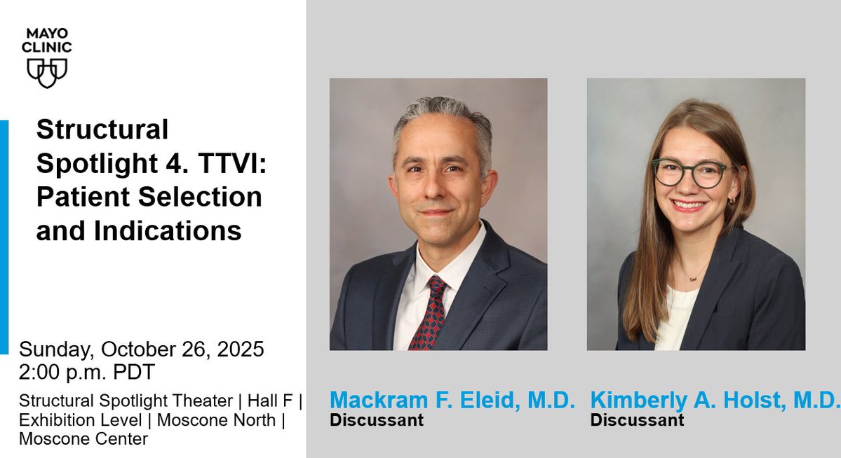 TTVI spotlight: <a href="/EleidMack/">Mack Eleid</a> and <a href="/KimberlyHolstMD/">Kimberly Holst, MD</a> <a href="/MayoClinicCVS/">Mayo Clinic Cardiac Surgery</a> join global experts to explore patient selection, imaging, and device choice at #TCT2025. Don’t miss this deep dive into tricuspid intervention.