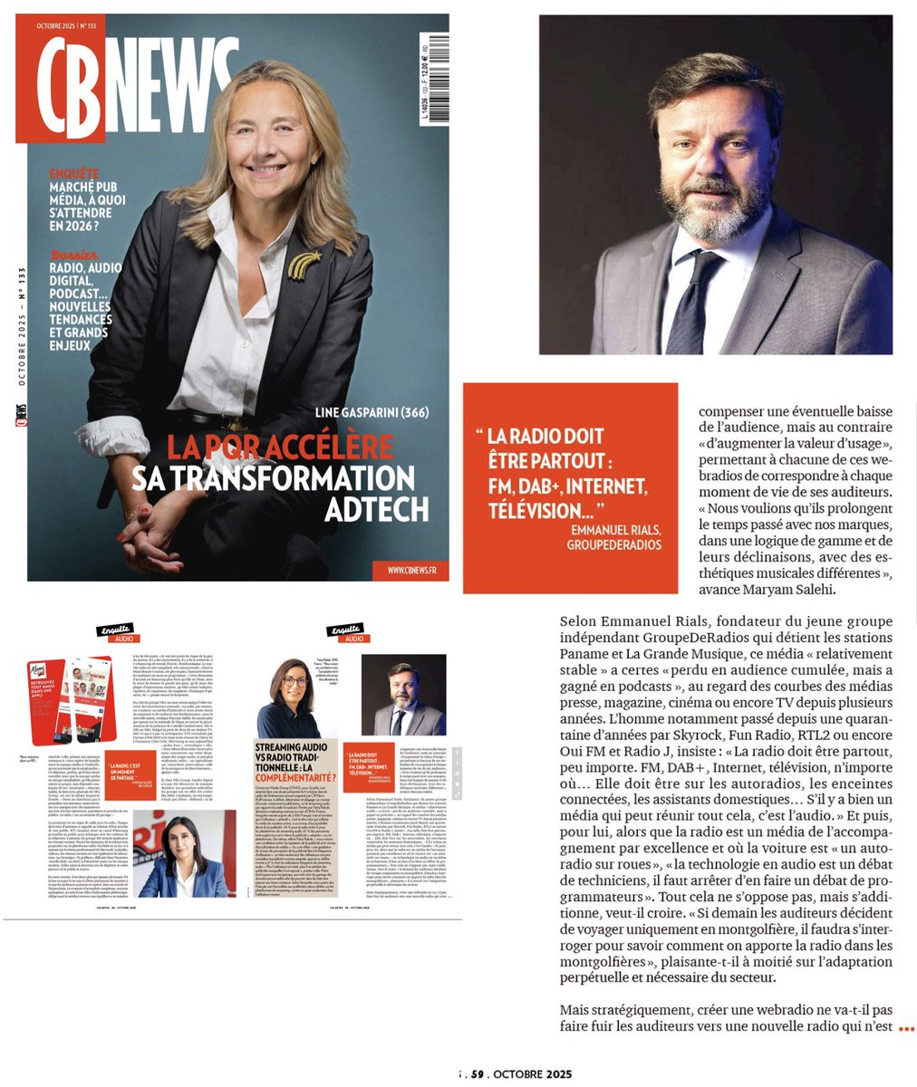 EmmanuelRials's tweet image. « La radio doit être partout, FM, DAB+, Internet, télévision. Elle doit être sur les autoradios, les enceintes connectées, les assistants domestiques... S’il y a bien un média qui peut réunir tout cela, c’est l’audio. » merci @CB_News #radio #FM #dab