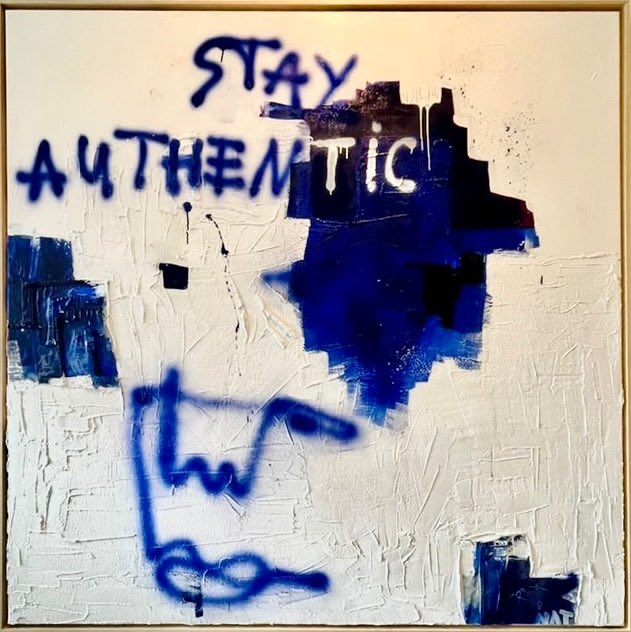 Nathalie Tappin | Stay #Authentic | Plaster, Acrylic, Jeans, Spray paint | 2023 | 164x164x5 cm (w/h/d) | €3.400 | For sale onlinegallery.art/en/nathalie-ta…