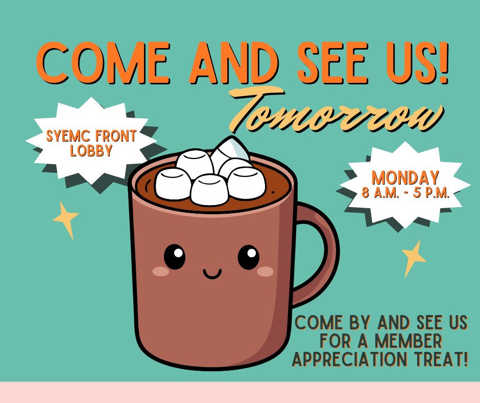 We appreciate YOU, our member-owners! In celebration of National Co-Op Month, we will continue celebrating each Monday in SYEMC's lobby. Tomorrow, October 20, we will have hot cocoa and mini marshmallow packets in the office for a Member Appreciation Treat!