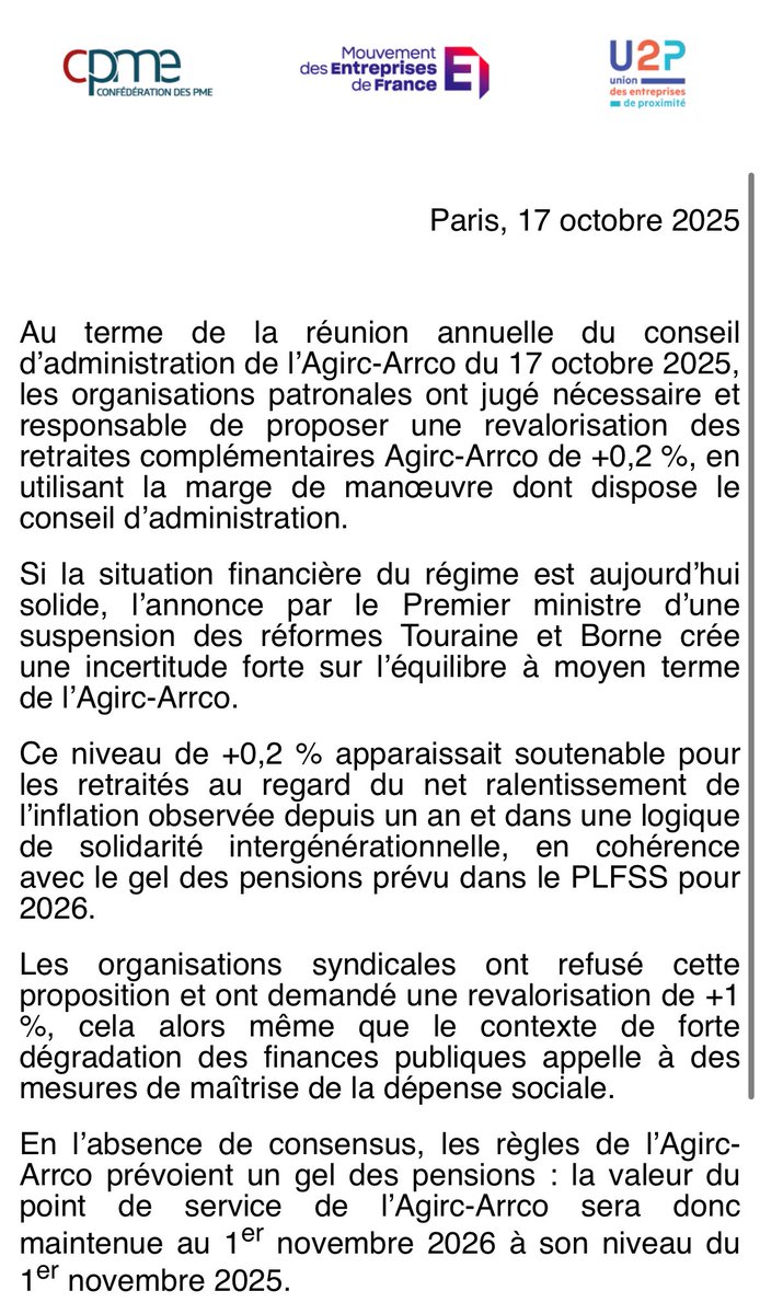 Fabrice Le Saché (@f_lesache) on Twitter photo Communiqué de presse des 3 organisations patronales pour rejeter l’augmentation des #retraites complémentaires du privé proposée par les syndicats.
Dans la période, nous devons montrer l’exemple par une gestion responsable !
L’unité patronale au service du pays.
————
<a href="/medef/">Mouvement des Entreprises de France</a> Communiqué de presse des 3 organisations patronales pour rejeter l’augmentation des #retraites complémentaires du privé proposée par les syndicats.
Dans la période, nous devons montrer l’exemple par une gestion responsable !
L’unité patronale au service du pays.
————
<a href="/medef/">Mouvement des Entreprises de France</a>