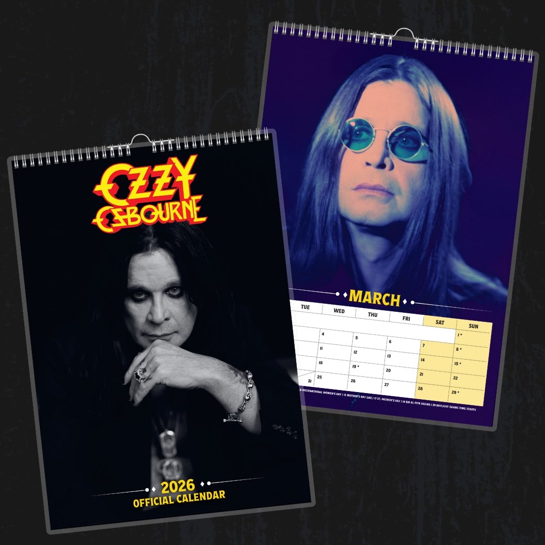 OzzyOsbourne's tweet image. This Official 2026 Calendar celebrates the life and legacy of Ozzy Osbourne. Featuring 12 powerful images that capture unforgettable moments from his extraordinary career. Pre-Order now at t.ly/OzzyOsbourne20…
