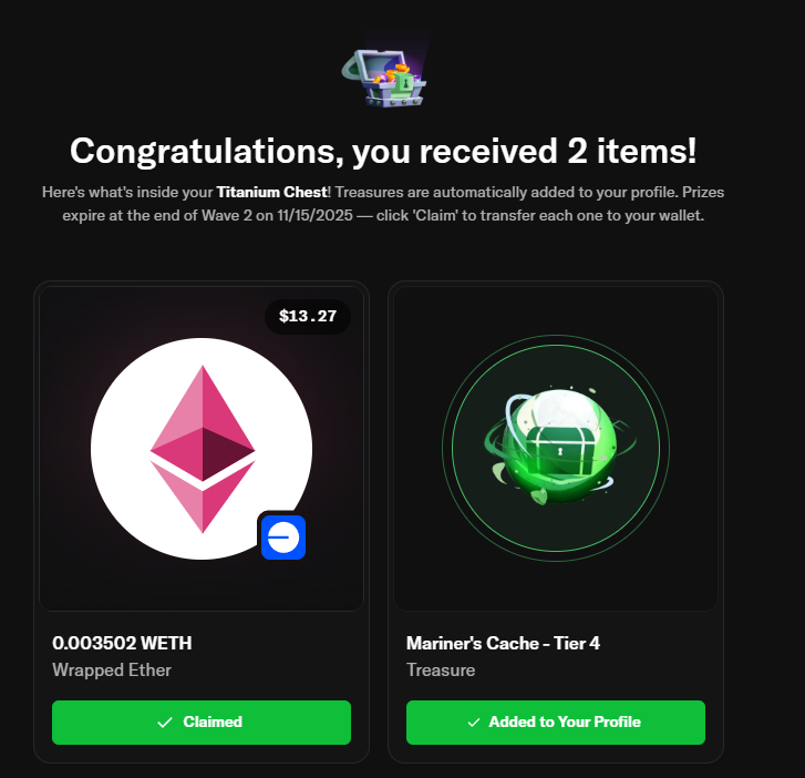 demoxak's tweet photo. Today I opened my first @opensea  chest - $13 inside. Not much, but I barely spent anything during Season 1.

In Season 2, chest tiers have been expanded. The top rank is now 13, which I definitely won’t reach. Season 2 will also run for exactly 30 days, just like the first.

 #OpenSea #NFTs #Airdrop #Web3 #CryptoRewards