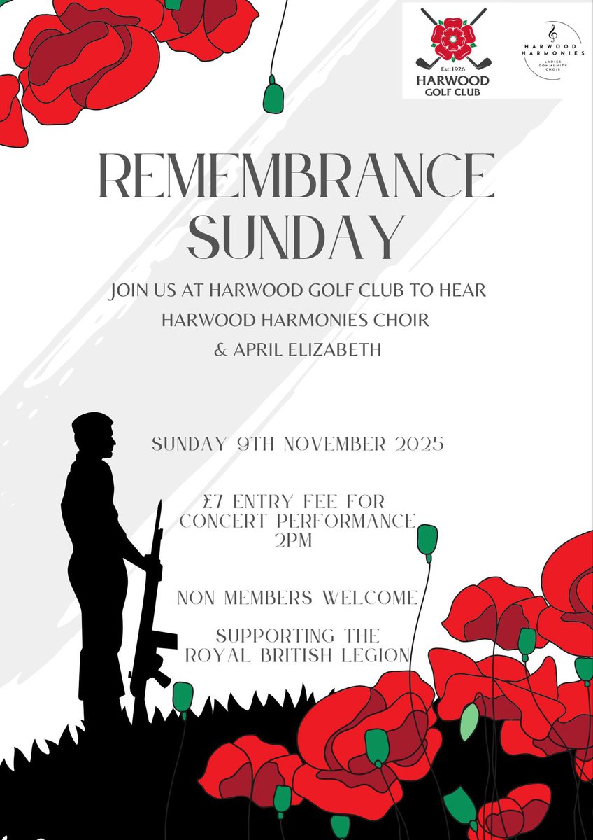 Harwood Harmonies Choir

Coming along with friends &amp;  family to support your local choir on Remembrance Sunday 9 November at Harwood Golf Club.

The concert starts at 2pm. concert entrance fee £7 payable on the door.

Supporting the Royal British Legion. We hope you can join us.