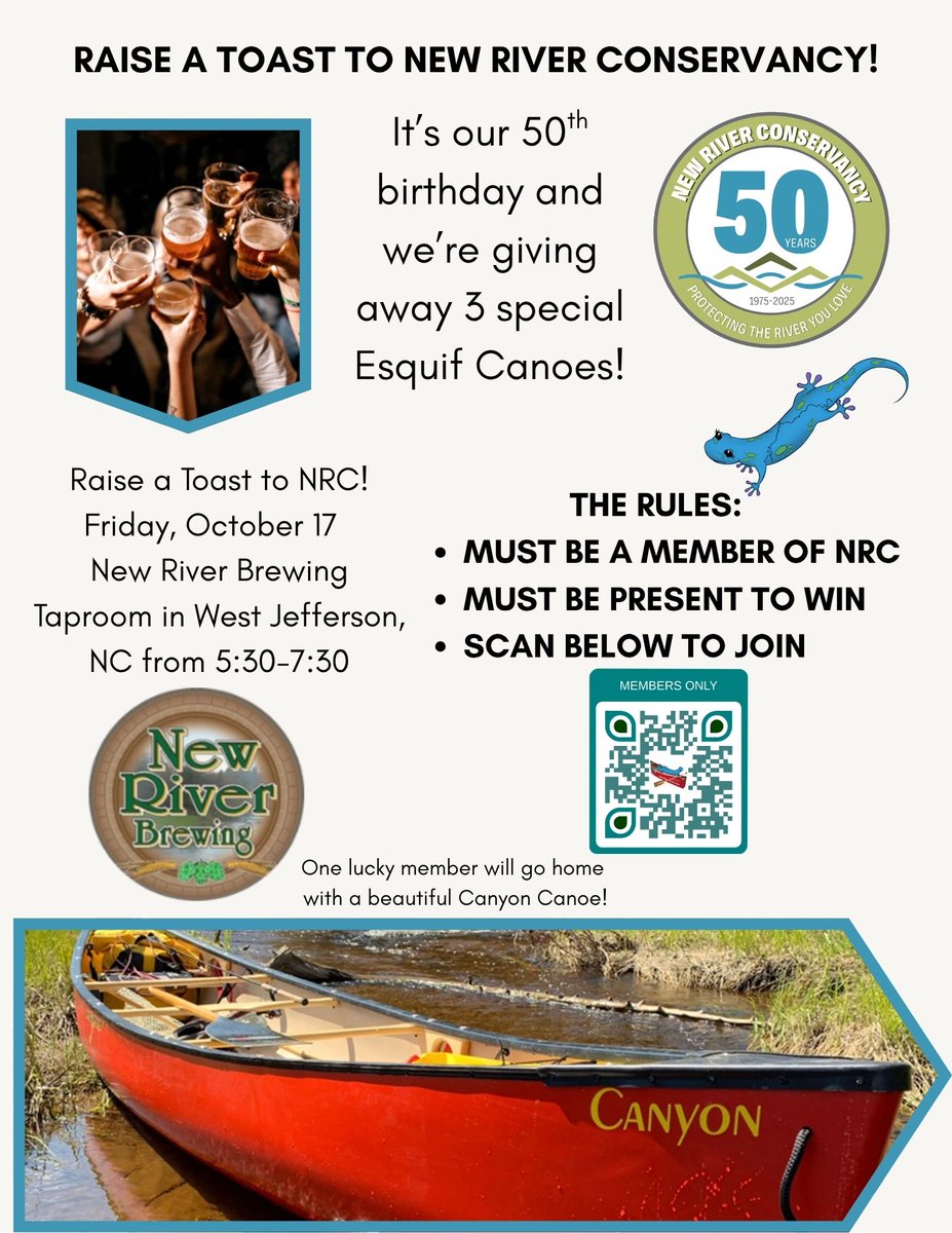 NewRiverConserv's tweet photo. We are giving away the second @Esquif canoe tonight at @nrbtastingroom in West Jefferson, NC.  Come out a Raise a Toast to 50 years of protecting the New!

Not a member?  No problem.  Join here or join tonight!  Membership begins at $25.  https://t.co/caOQ2OuNnb https://t.co/nw0QozCQCV