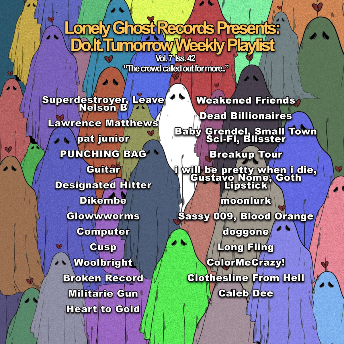 Check out this week's playlist by <a href="/ghstmnthrd/">Curtis L. Reeves Jr.</a> ft. <a href="/dsgntdhttrWI/">Designated Hitter</a> <a href="/DikembeDudes/">Dikembe</a> <a href="/woolbrightband/">woolbright</a> <a href="/Heart2Gold/">Heart to Gold</a> <a href="/DeadBillionairz/">🔥 Dead Billionaires 🔥</a> <a href="/Superdestroyed/">John from NCTV (Superdestoyer) Listen to nctv 2!</a> <a href="/BreakupTour/">𝐁𝐫𝐞𝐚𝐤𝐮𝐩 𝐓𝐨𝐮𝐫</a> <a href="/wkndfriends/">Weakened Friends</a> <a href="/militariegun/">militarie gun</a> + more! Pin or follow for updates every Friday! Links in replies!