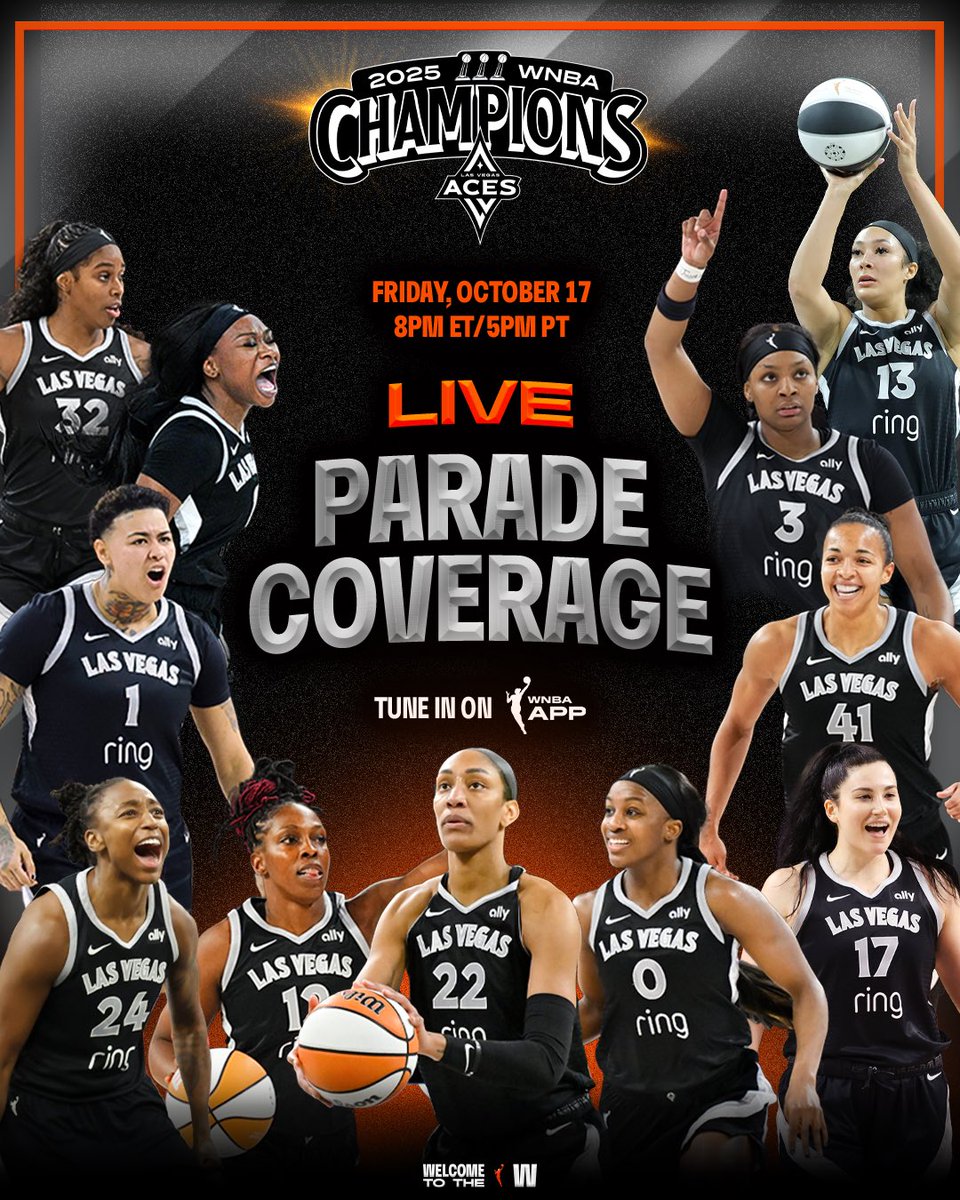 WNBA (@wnba) on Twitter photo TODAY'S THE DAY 🥳
The <a href="/LVAces/">Las Vegas Aces</a> championship parade will be live streamed on the WNBA App at 8:00pm/ET (5:00pm/PT)
Follow along on our socials to catch all the best BTS moments! TODAY'S THE DAY 🥳
The <a href="/LVAces/">Las Vegas Aces</a> championship parade will be live streamed on the WNBA App at 8:00pm/ET (5:00pm/PT)
Follow along on our socials to catch all the best BTS moments!