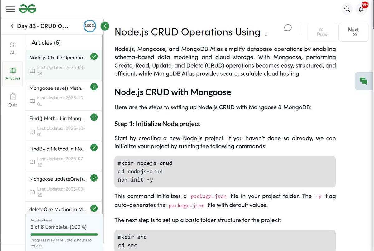 MdMazid1707's tweet image. ✅ Day - 83
➡️CRUD Operation using Mongoose
83/100 days Web development course Nation Skill Up with
@geeksforgeeks
to skill up our development Course Link : geeksforgeeks.org/batch/skill-up… #skillupwithgfg #nationskillup #CodingChallenge #geeksforgeeks #100DaysOfCode