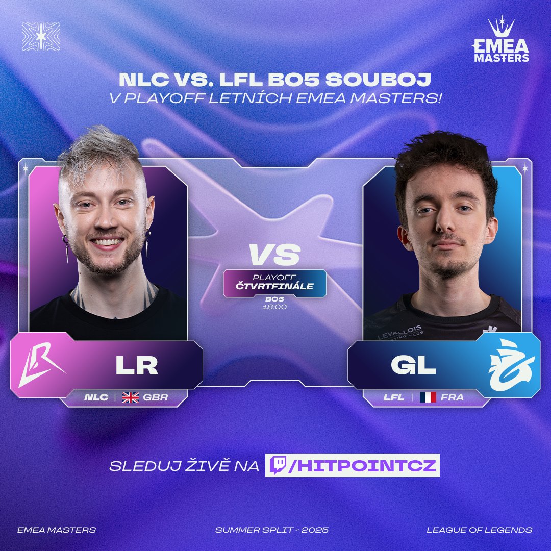 🔥 Playoff EMEA Masters Summer 2025 pokračuje!

Dnes od 18:00 se proti sobě postaví Los Ratones 🐭 vs Galions 🏴‍☠️ v boji o postup do semifinále! 💥

📺 Sleduj živě na: twitch.tv/hitpointcz