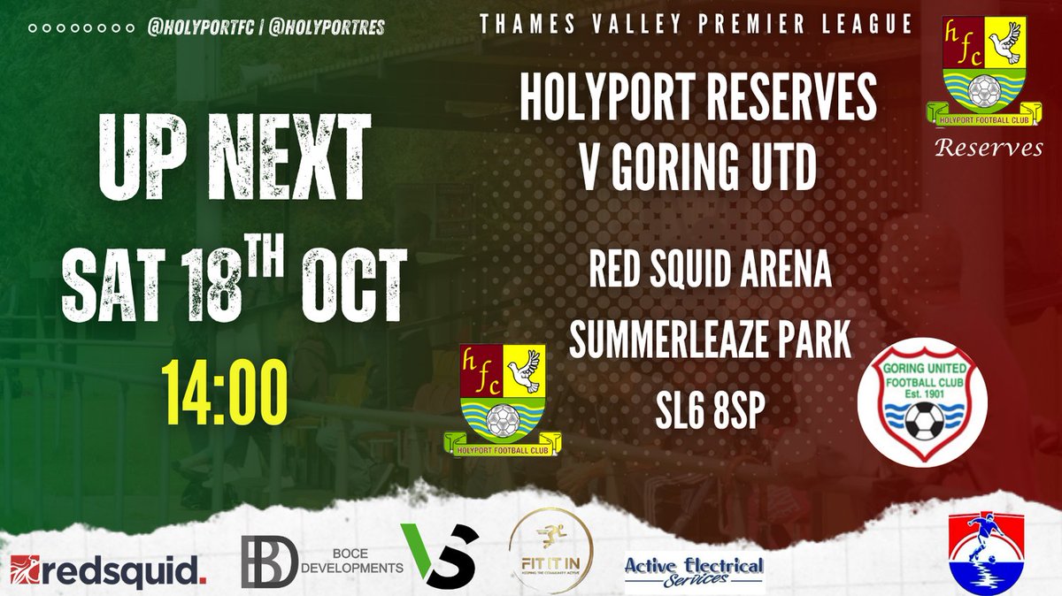 Reminder‼️ We host <a href="/goringunited/">Goring United FC</a> in <a href="/ThamesValleyPL/">Thames Valley PL</a> tomorrow

📆 Sat 18th
🕖 2pm KO
🎫 Free Entry
🦑 Redsquid Arena
📍SL6 8SP
🚗 Free parking
☕️🍔 @Howdenslocaluk tea bar open!

#HolyportFC #uptheport #groundhopper #fiberkshire #redsquidcomms #oneclub #thakrarcoombs #summerleaze