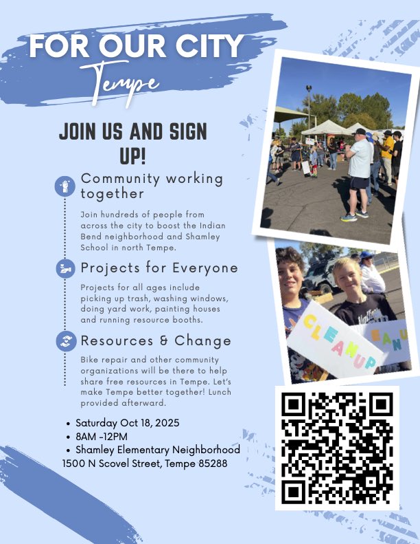 🌪️ Help Tempe recover from the BIG STORM this Saturday, Oct 16! Join TWO awesome volunteer opportunities to clean up our community! ♻️

1️⃣ Keep Tempe Beautiful @ Papago Park

📍 1000 N. College Ave, Tempe, AZ 85281  
🕗 1-hour shifts: 8-9am, 9-10am, 10-11am  
🗑️ Trash &amp; litter