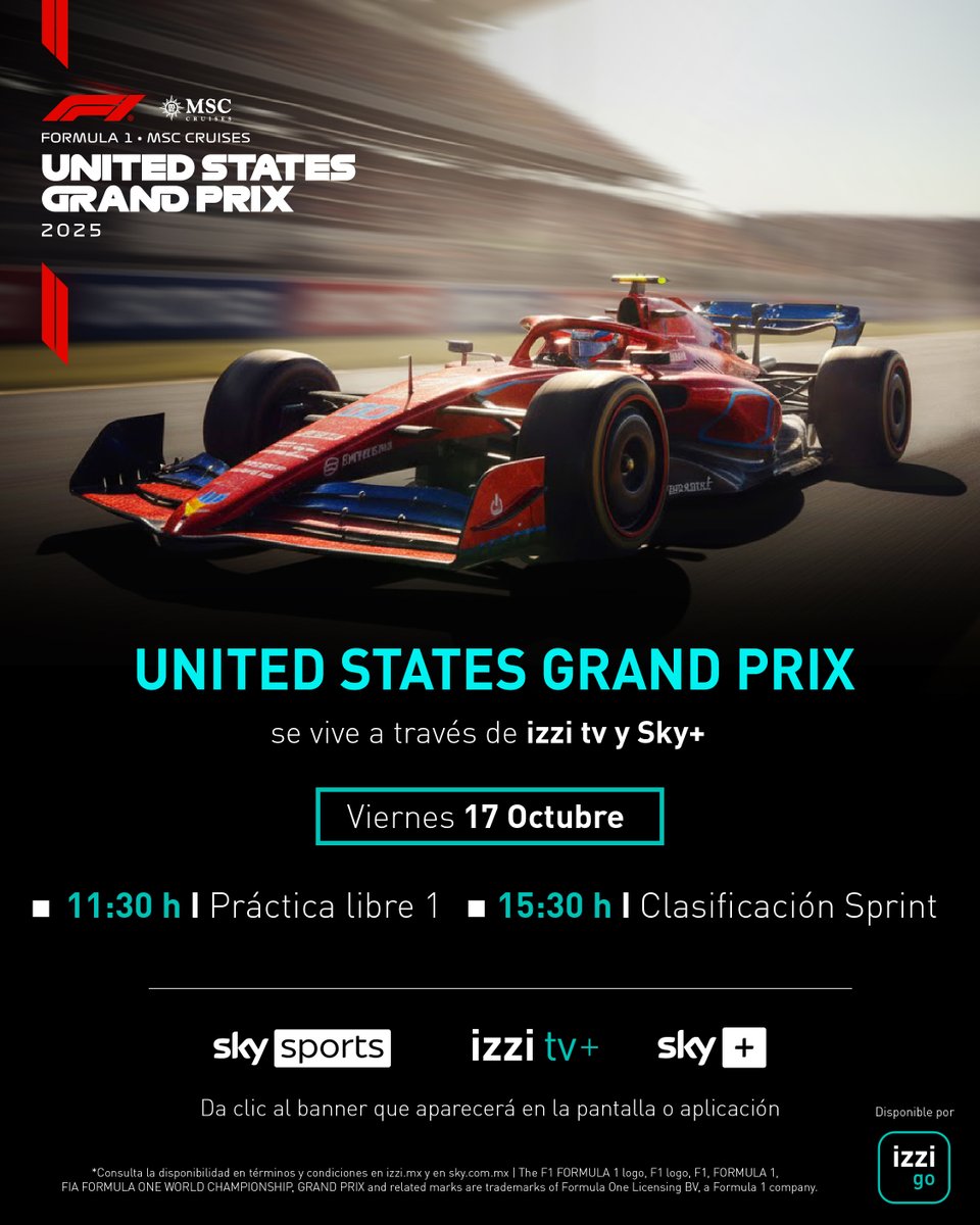 SKYSportsMX's tweet photo. ¡Hoy inician las actividades del UNITED STATES GRAND PRIX de #F1! 🏎️

Acompáñanos a la práctica libre y a la clasificación de la carrera sprint, y conoce las estrategias de cada escudería. 🧐

Sky sports con izzi tv, la casa de la #Formula1 en México. 🏁

#USGP #SkySportsMX #izzi https://t.co/6gEo9MoaSL