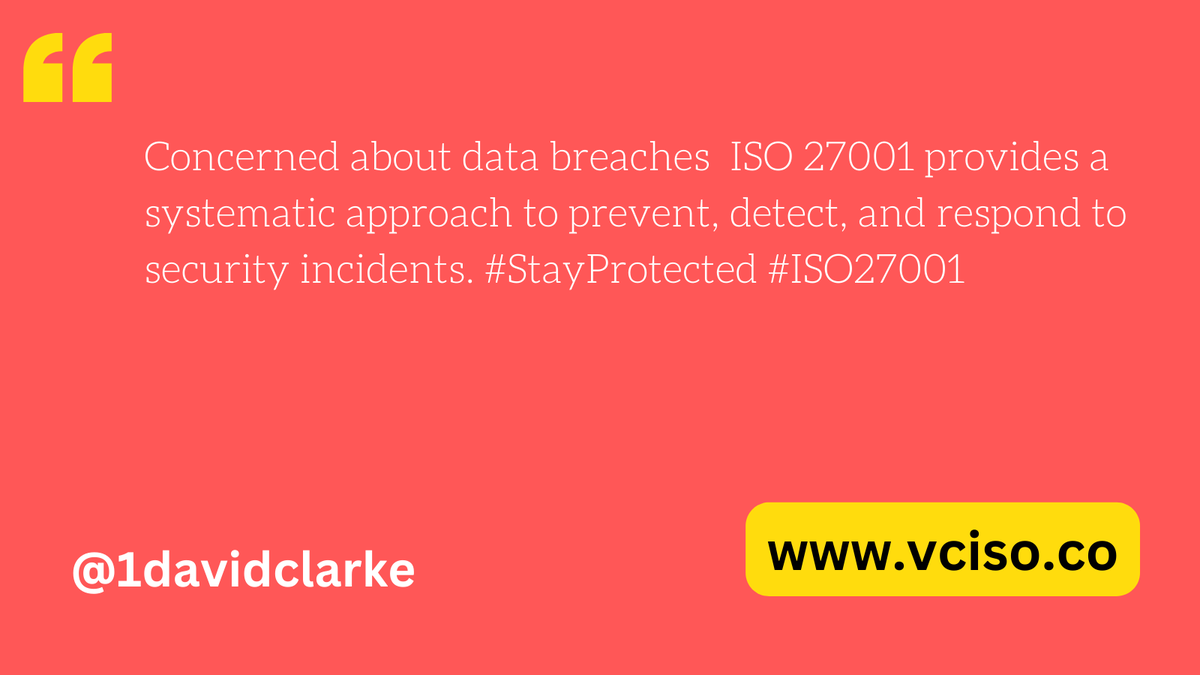 1DavidClarke's tweet image. Concerned about data breaches  ISO 27001 provides a systematic approach to prevent, detect, and respond to security incidents. #StayProtected #ISO27001
vciso.co