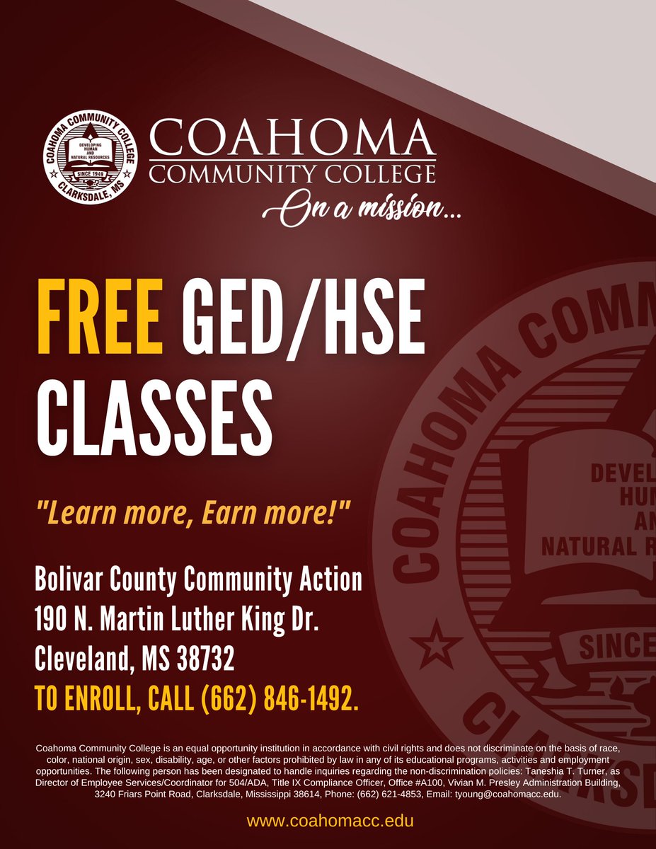 🚀 Your future starts NOW! Coahoma Community College is offering FREE GED/HSE classes in Clarksdale and Cleveland to help you reach your goals. 💼 Take the first step toward better opportunities—call today to enroll! 
Learn more: coahomacc.edu
#CoahomaProud #Since1949