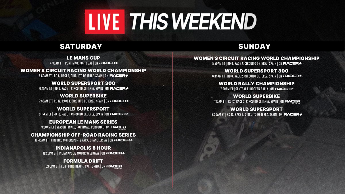 RACER Network (@racer_network) on Twitter photo It’s a massive weekend of racing you don’t want to miss!
From the Formula Drift finale to the final two rounds of World Superbike, championships are on the line and the action is nonstop.
📺 Watch it all live on RACER Network and the RACER+ app this weekend! It’s a massive weekend of racing you don’t want to miss!
From the Formula Drift finale to the final two rounds of World Superbike, championships are on the line and the action is nonstop.
📺 Watch it all live on RACER Network and the RACER+ app this weekend!